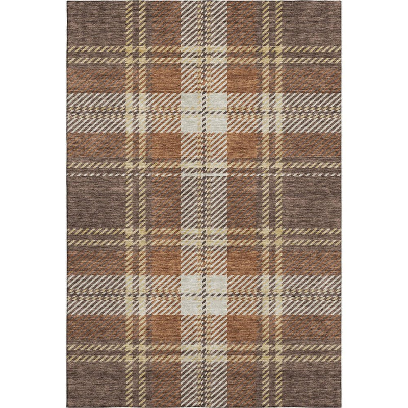 9' X 12' Chocolate Beige And Gold Plaid Washable Area Rug With UV Protection