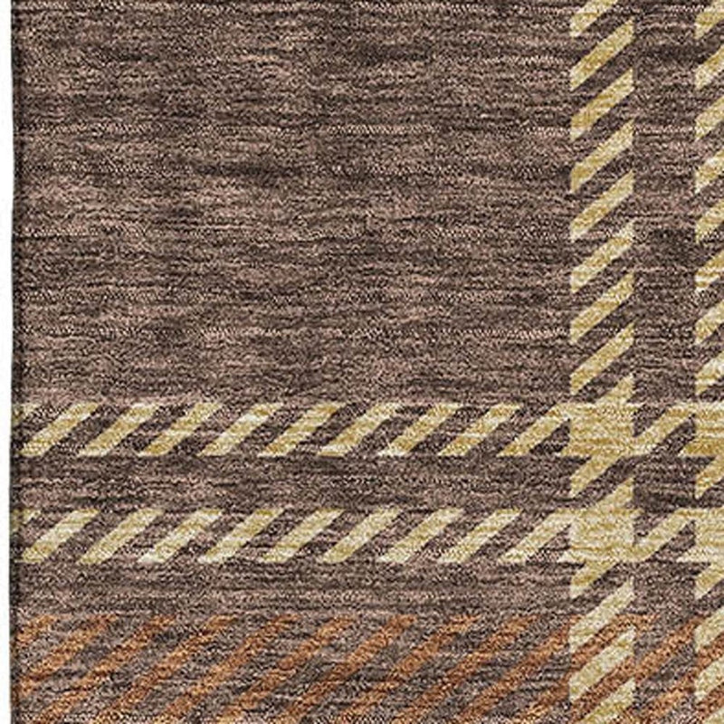 9' X 12' Chocolate Beige And Gold Plaid Washable Area Rug With UV Protection