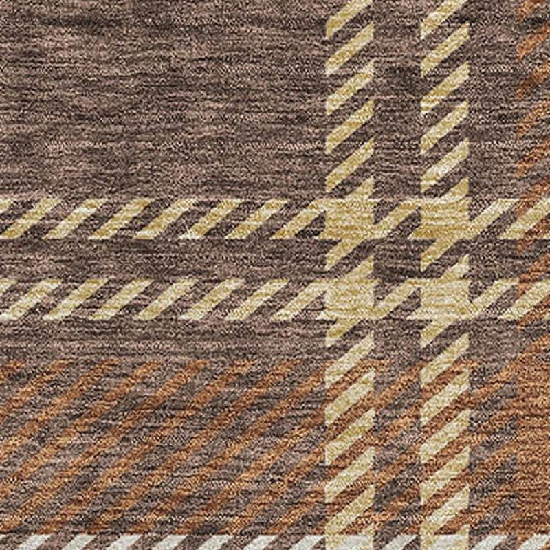 9' X 12' Chocolate Beige And Gold Plaid Washable Area Rug With UV Protection