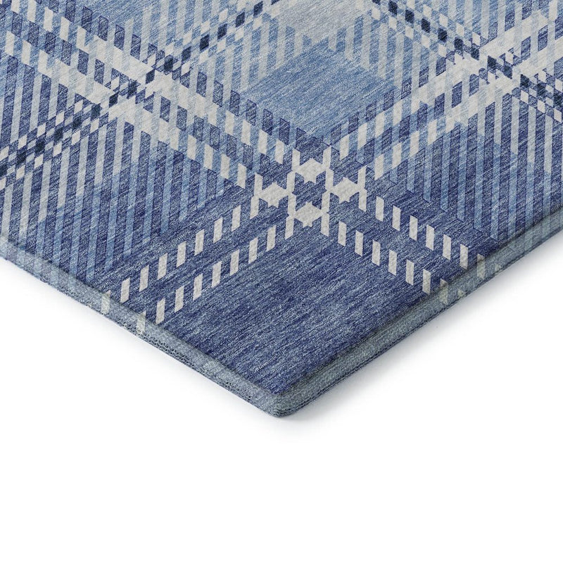 5' X 8' Denim Blue And Ivory Plaid Washable Area Rug With UV Protection