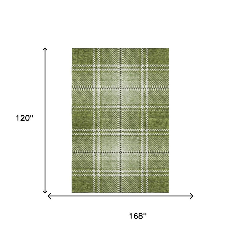 10' X 14' Green And Ivory Plaid Washable Area Rug With UV Protection