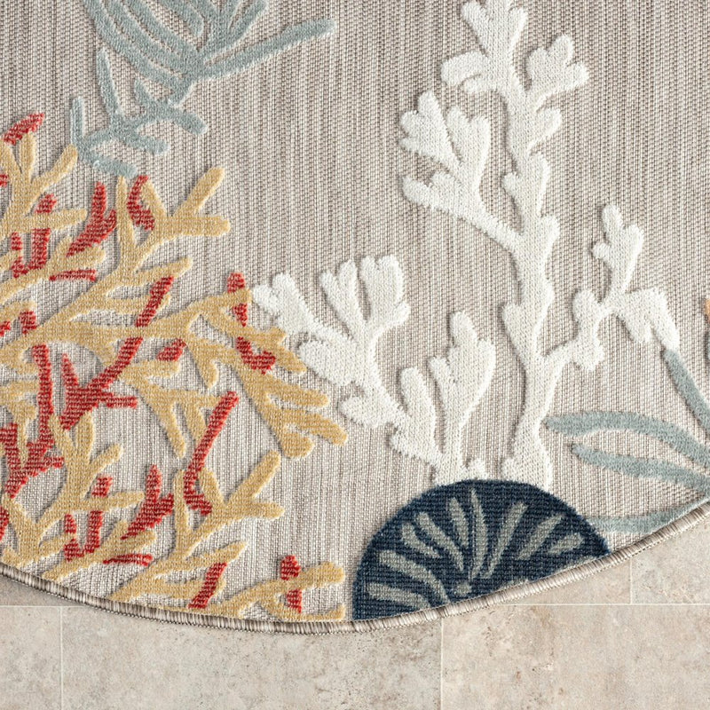 5' Beige And Orange Coral Round Rug