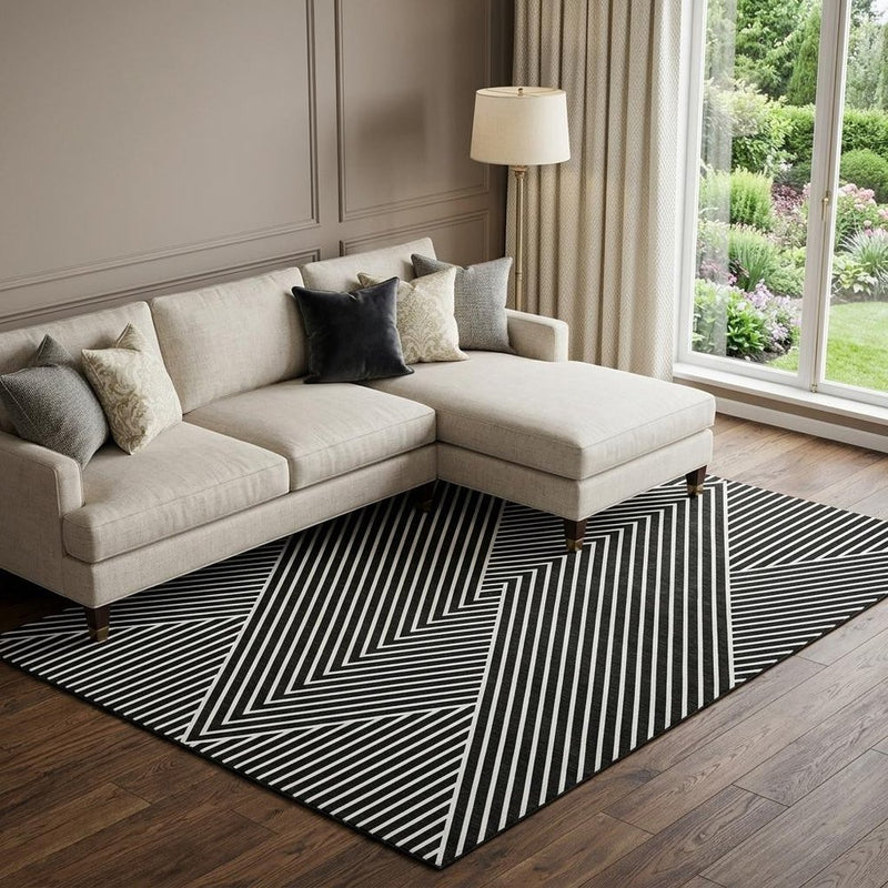 8' X 10' Black And Ivory Geometric Washable Area Rug With UV Protection