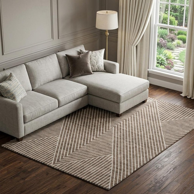 9' X 12' Brown And Beige Geometric Washable Area Rug With UV Protection