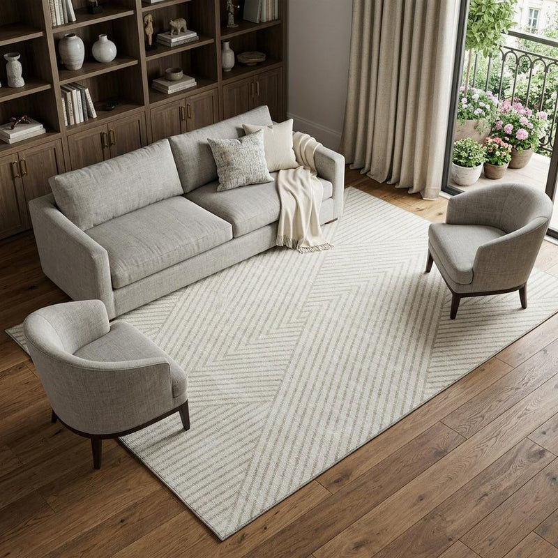 9' X 12' Ivory And Beige Geometric Washable Area Rug With UV Protection