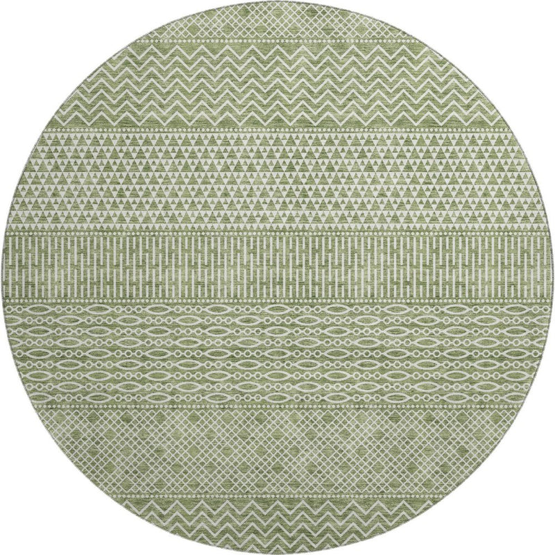 8' Green And Ivory Striped Washable Round Rug With UV Protection