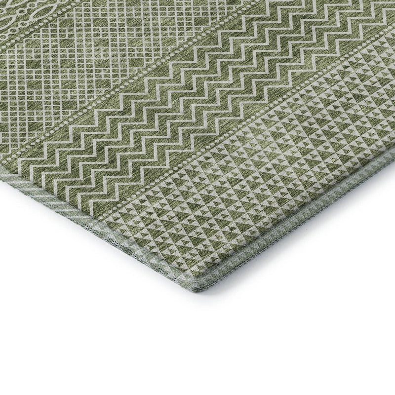 8' Green And Ivory Striped Washable Round Rug With UV Protection
