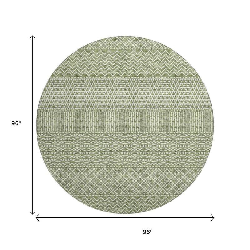 8' Green And Ivory Striped Washable Round Rug With UV Protection