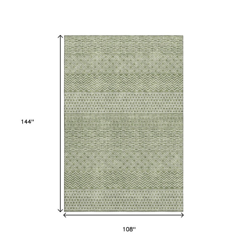 9' X 12' Green And Ivory Striped Washable Area Rug With UV Protection