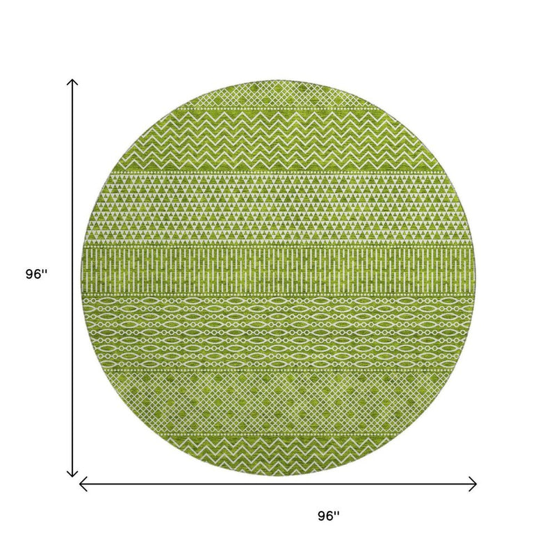 8' Lime Green And Ivory Striped Washable Round Rug With UV Protection
