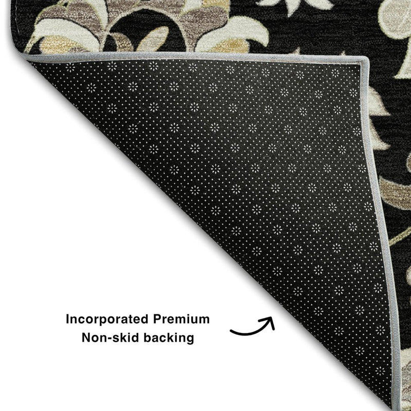 8' Black Ivory And Beige Floral Washable Round Rug With UV Protection