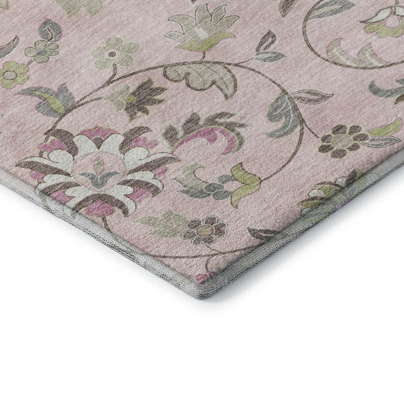 8' Pink Ivory And Gray Floral Washable Round Rug With UV Protection
