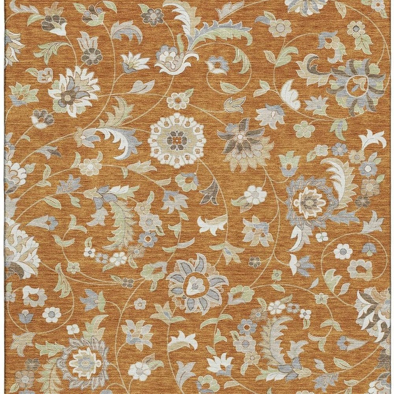 8' X 10' Rust Gray And Beige Floral Washable Area Rug With UV Protection