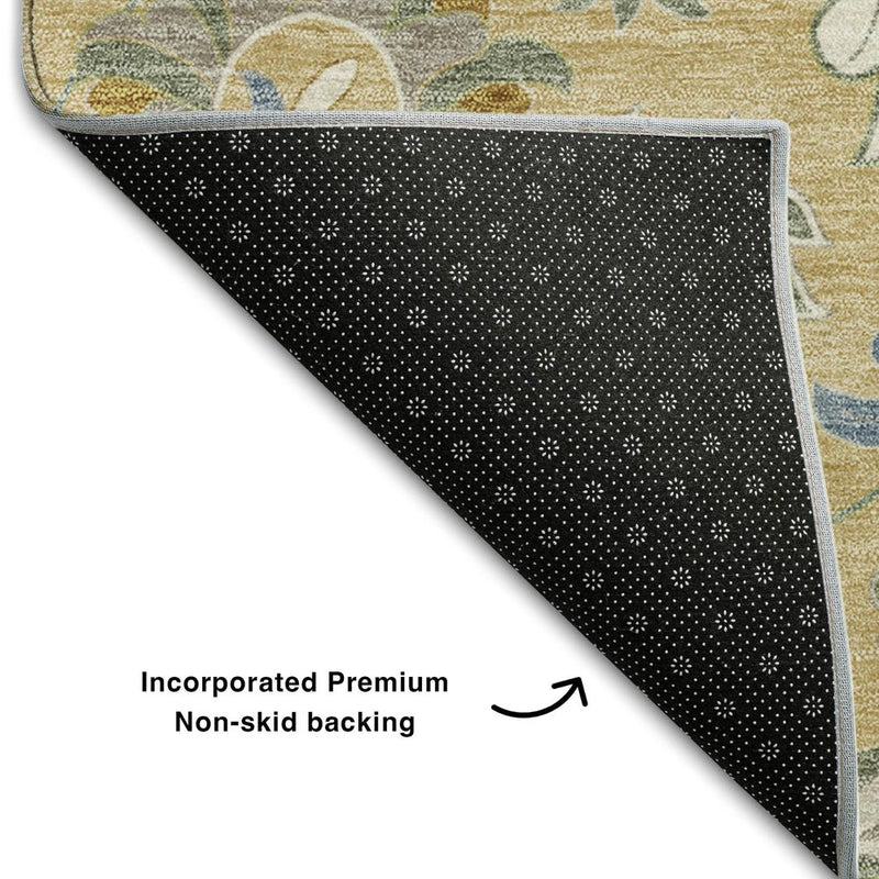 10' X 14' Wheat Blue And Beige Floral Washable Area Rug With UV Protection