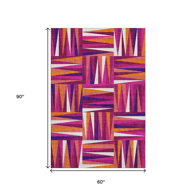 5' X 8' Burgundy Purple And Orange Geometric Washable Area Rug With UV Protection