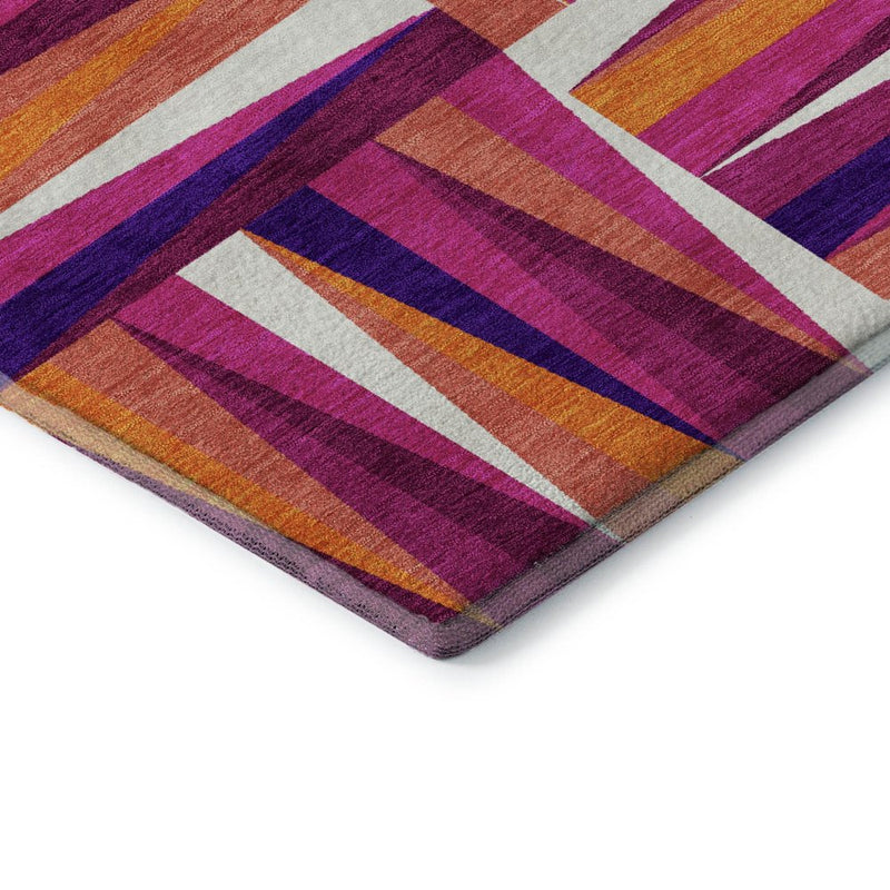 5' X 8' Burgundy Purple And Orange Geometric Washable Area Rug With UV Protection