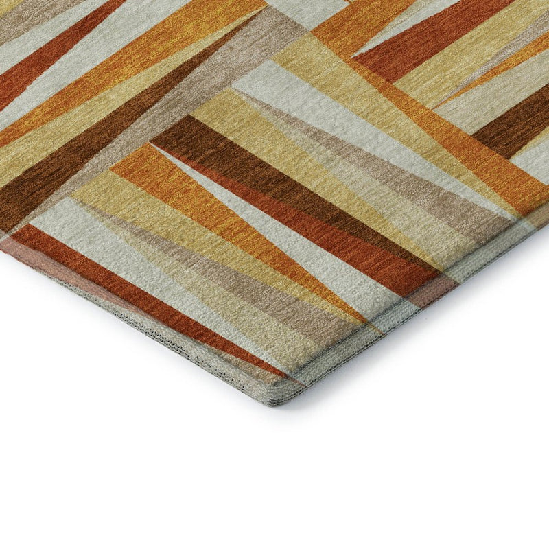 8' Orange Rust And Ivory Geometric Washable Round Rug With UV Protection