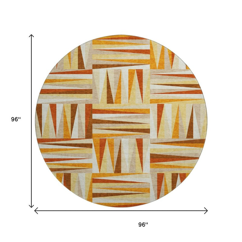 8' Orange Rust And Ivory Geometric Washable Round Rug With UV Protection