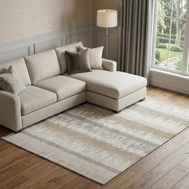 9' X 12' Ivory Beige And Gray Striped Washable Area Rug With UV Protection