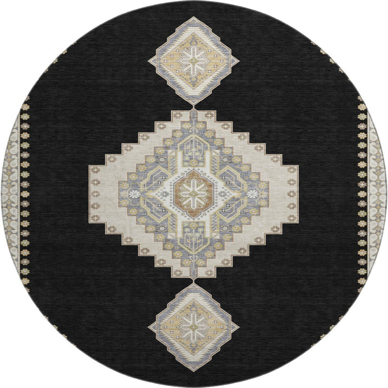 8' Black Beige And Gold Oriental Washable Round Rug With UV Protection