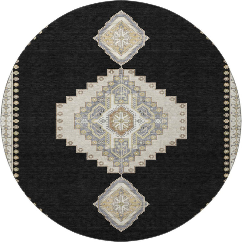 8' Black Beige And Gold Oriental Washable Round Rug With UV Protection