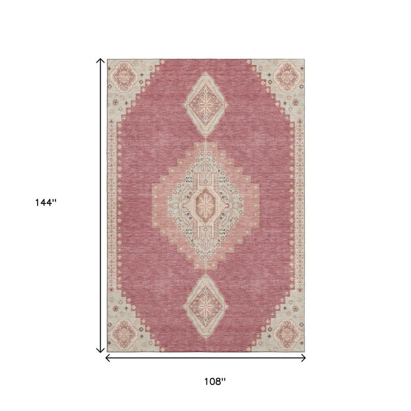 9' X 12' Blush Gray And Pink Oriental Washable Area Rug With UV Protection