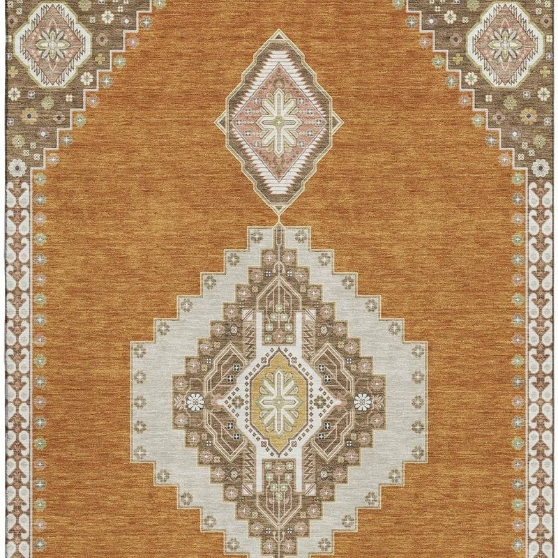 5' X 8' Copper Gold And Beige Oriental Washable Area Rug With UV Protection