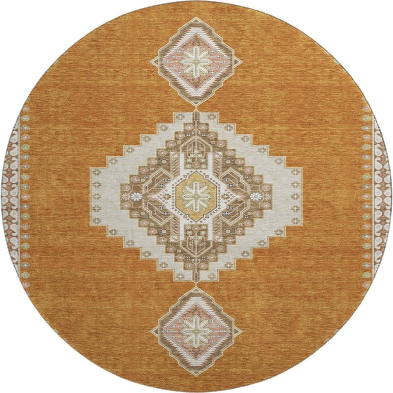 8' Copper Gold And Beige Oriental Washable Round Rug With UV Protection