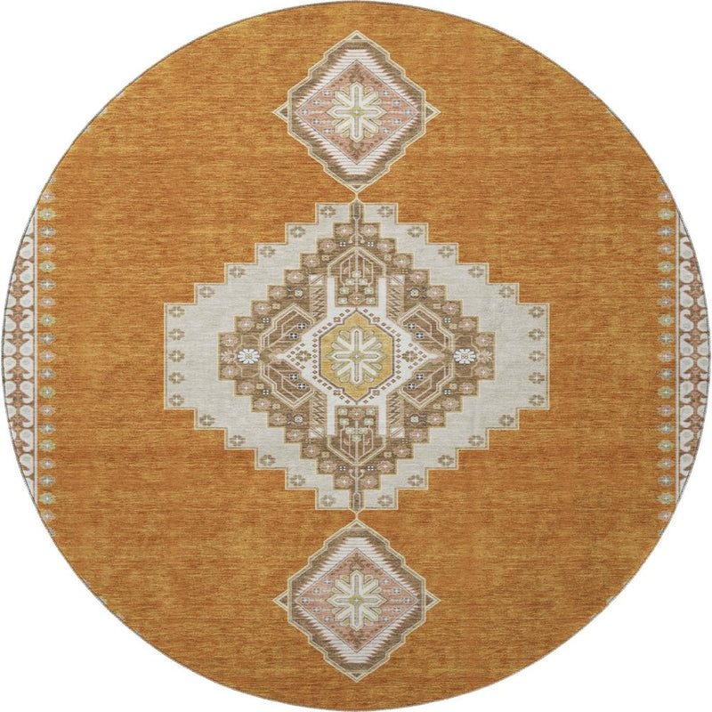 8' Copper Gold And Beige Oriental Washable Round Rug With UV Protection