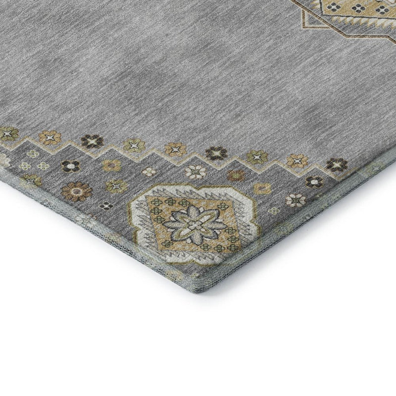 8' Gray Gold And Beige Oriental Washable Round Rug With UV Protection