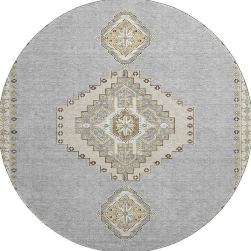 8' Gray Gold And Beige Oriental Washable Round Rug With UV Protection