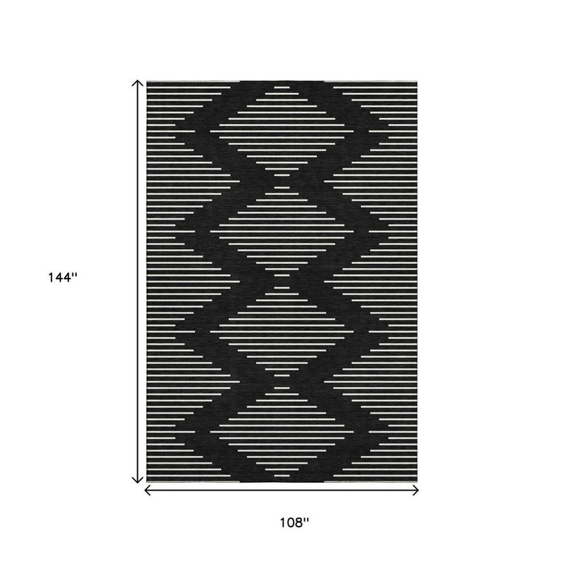 9' X 12' Black And Ivory Geometric Washable Area Rug With UV Protection