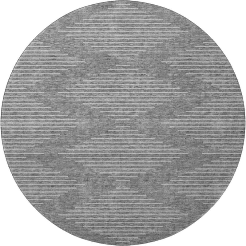 8' Charcoal And Silver Geometric Washable Round Rug With UV Protection