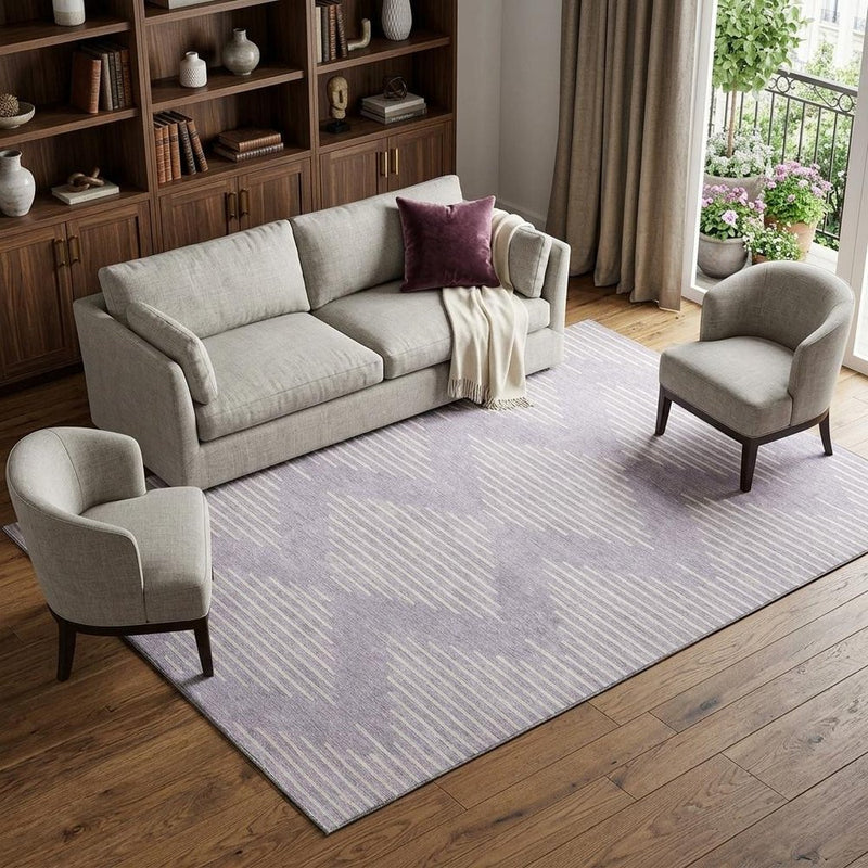 8' X 10' Lavender And Ivory Geometric Washable Area Rug With UV Protection