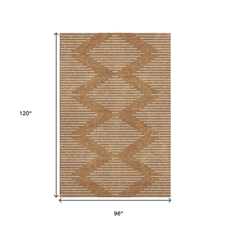 8' X 10' Rust And Beige Geometric Washable Area Rug With UV Protection