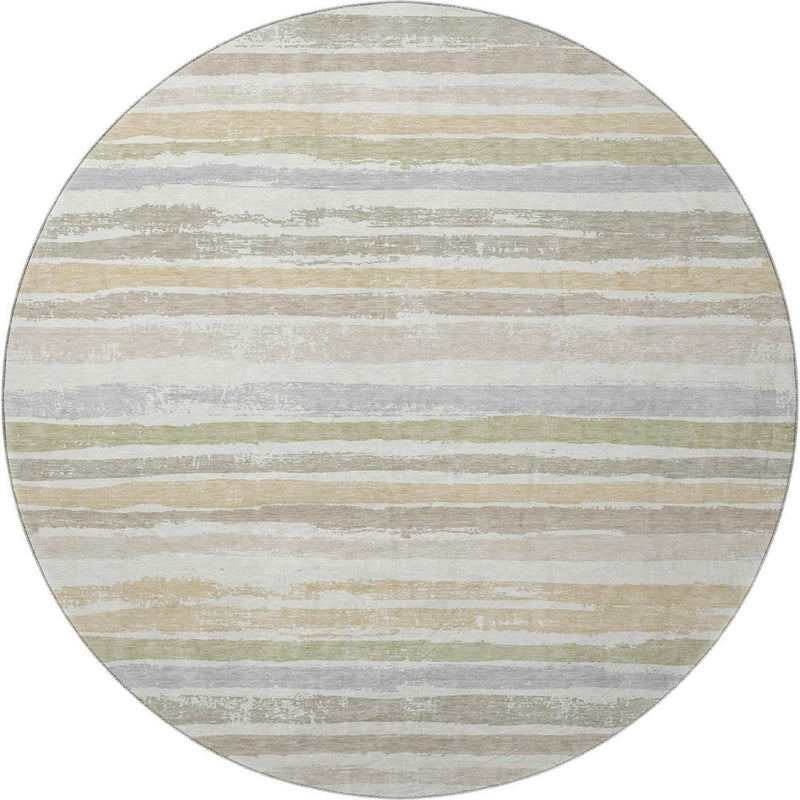 8' Ivory Beige And Taupe Striped Washable Round Rug With UV Protection