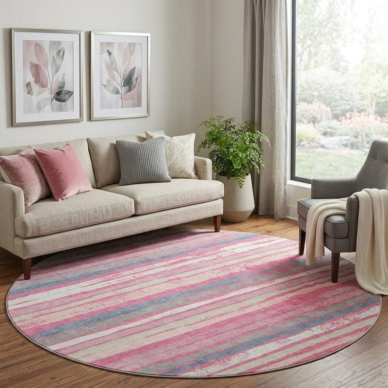 8' Pink Beige And Blue Striped Washable Round Rug With UV Protection