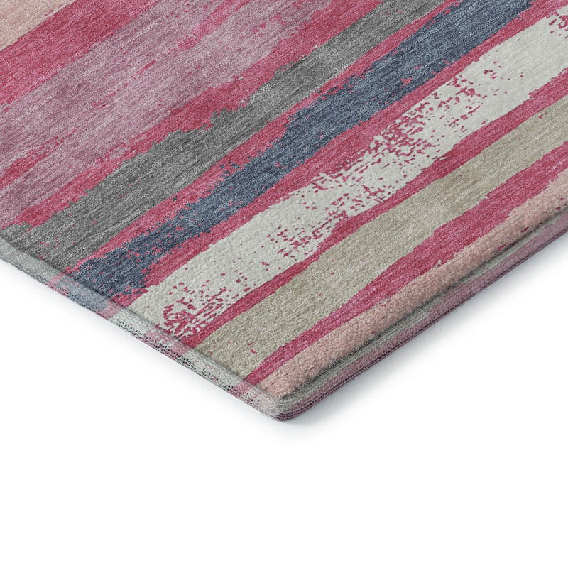 8' Pink Beige And Blue Striped Washable Round Rug With UV Protection