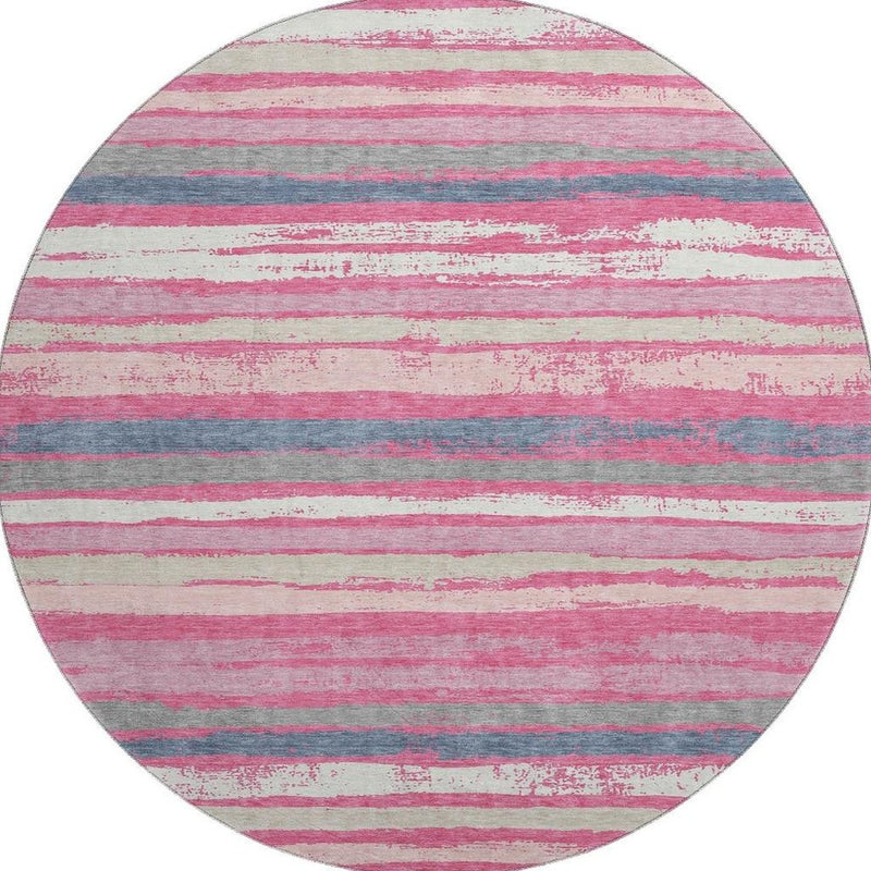 8' Pink Beige And Blue Striped Washable Round Rug With UV Protection