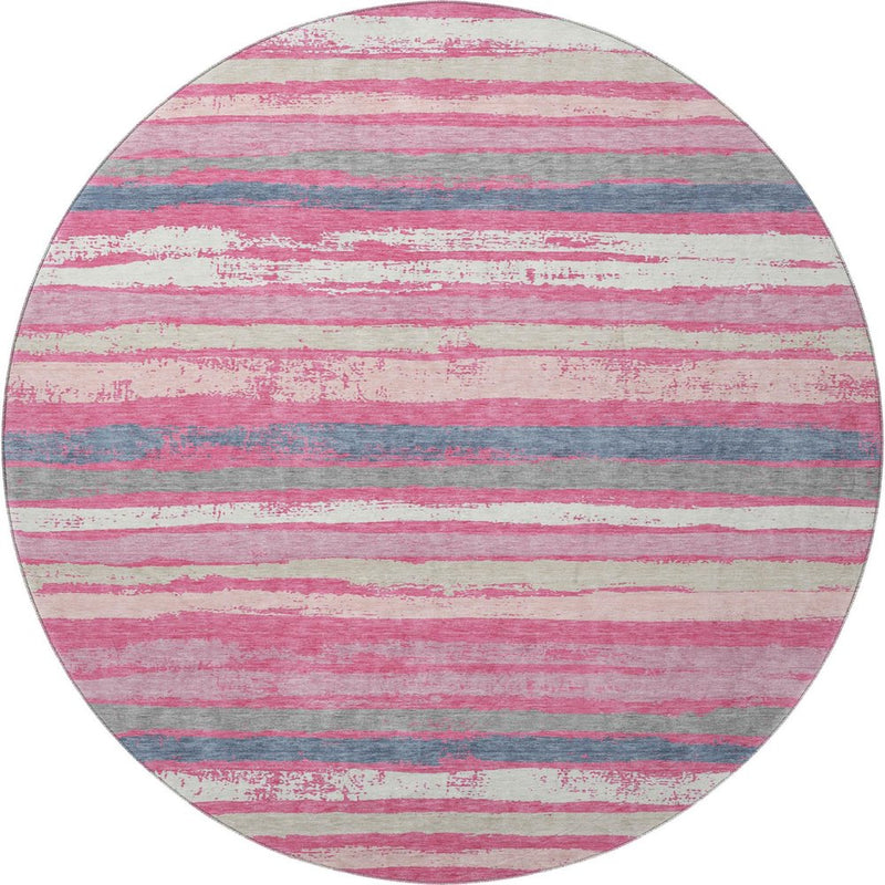 8' Pink Beige And Blue Striped Washable Round Rug With UV Protection