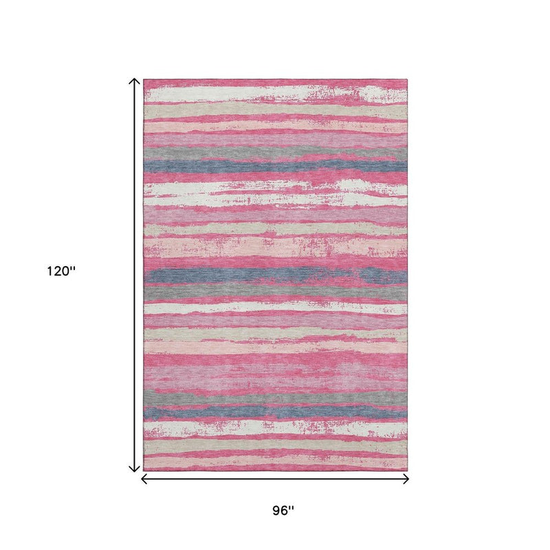 8' X 10' Pink Beige And Blue Striped Washable Area Rug With UV Protection