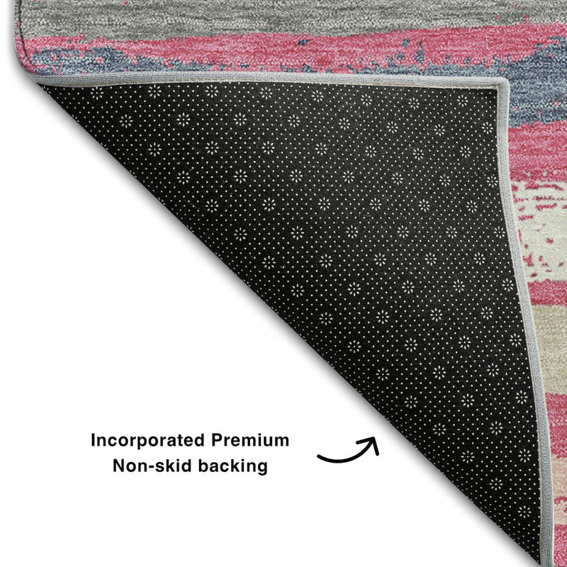8' X 10' Pink Beige And Blue Striped Washable Area Rug With UV Protection