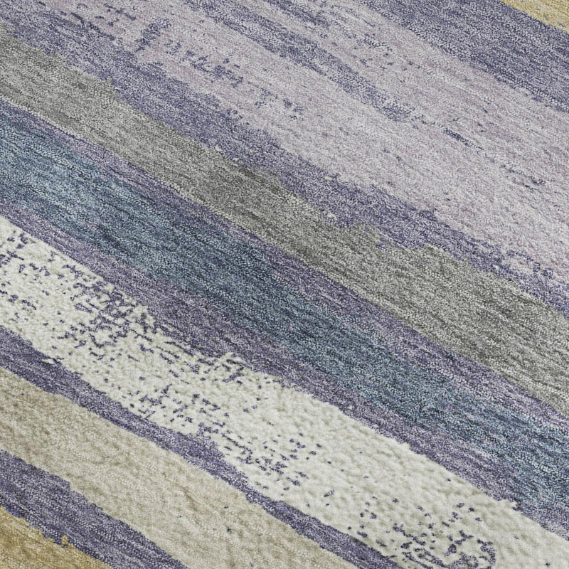 8' Purple Gold And Ivory Striped Washable Round Rug With UV Protection