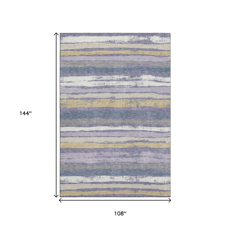 9' X 12' Purple Gold And Ivory Striped Washable Area Rug With UV Protection