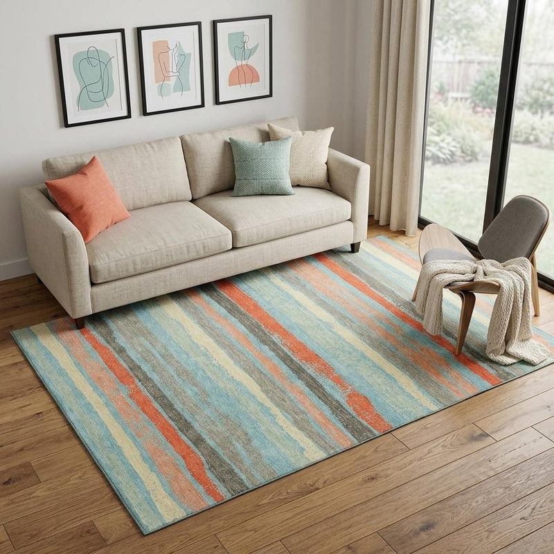 5' X 8' Sky Blue Orange And Ivory Striped Washable Area Rug With UV Protection