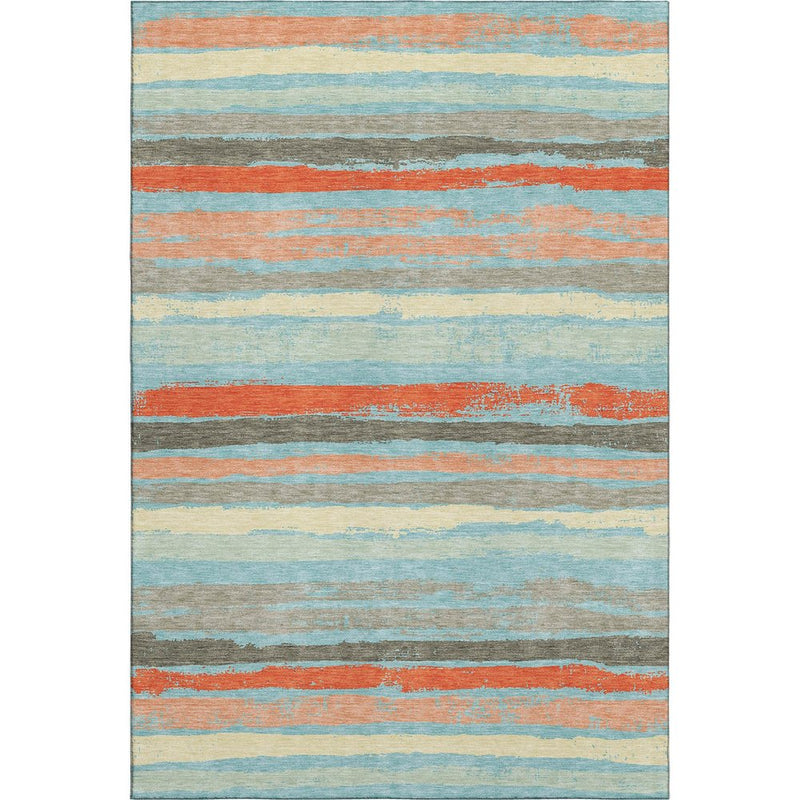 9' X 12' Sky Blue Orange And Ivory Striped Washable Area Rug With UV Protection