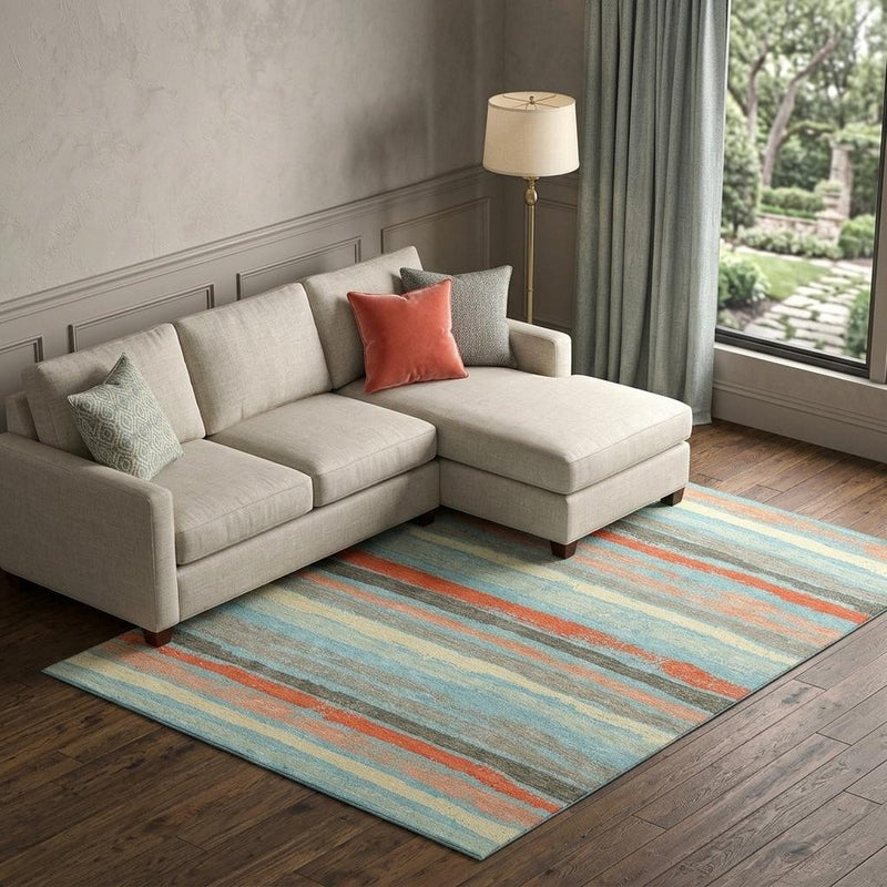9' X 12' Sky Blue Orange And Ivory Striped Washable Area Rug With UV Protection