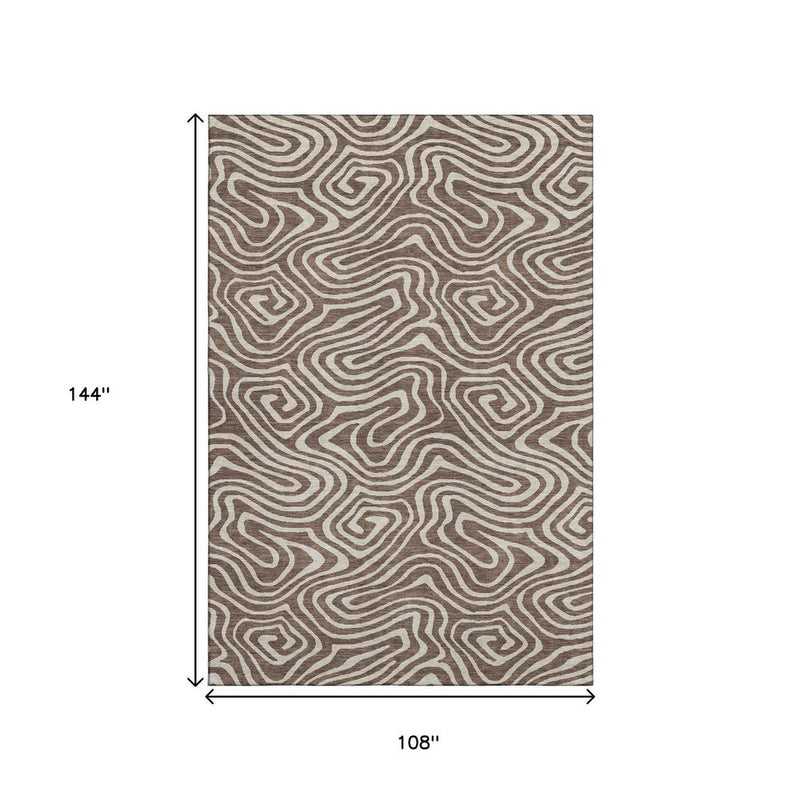 9' X 12' Brown And Beige Abstract Washable Area Rug With UV Protection