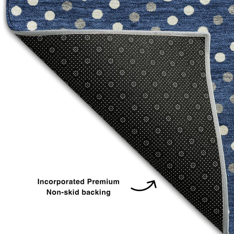 8' X 10' Navy Blue Ivory And Gray Polka Dot Washable Area Rug With UV Protection