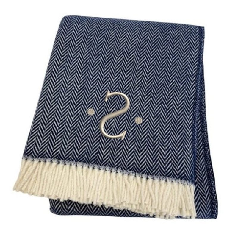 55" X 70" Navy Blue And White Herringbone Cotton Blend J Throw Blanket with Tassels And Embroidery
